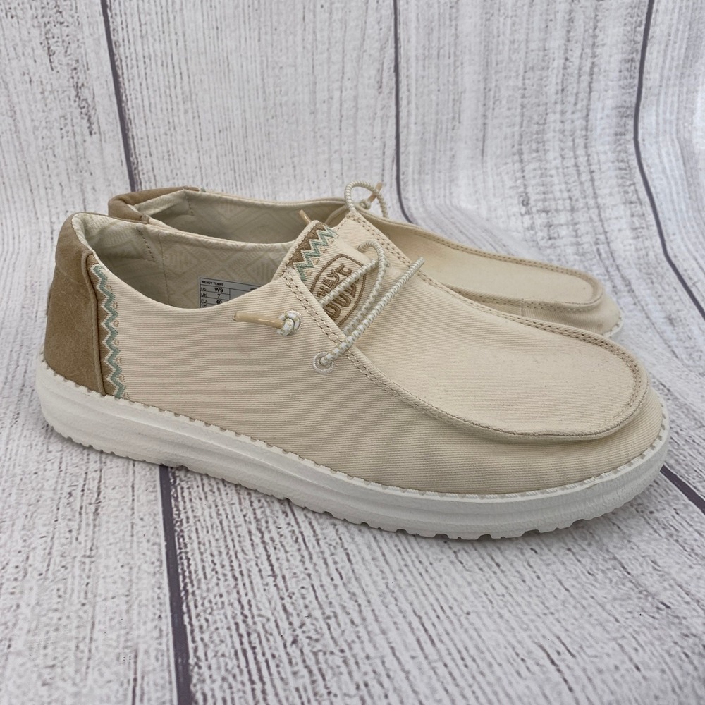 Hey Dude Wendy Tempe Loafers Womens 9 Gypsum Cream Tan Canvas Slip On Shoes